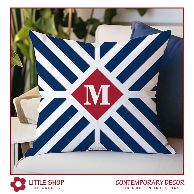 Patriotic Red White Blue Stripes Monogram Initial Throw Pillow (Creator Uploaded)