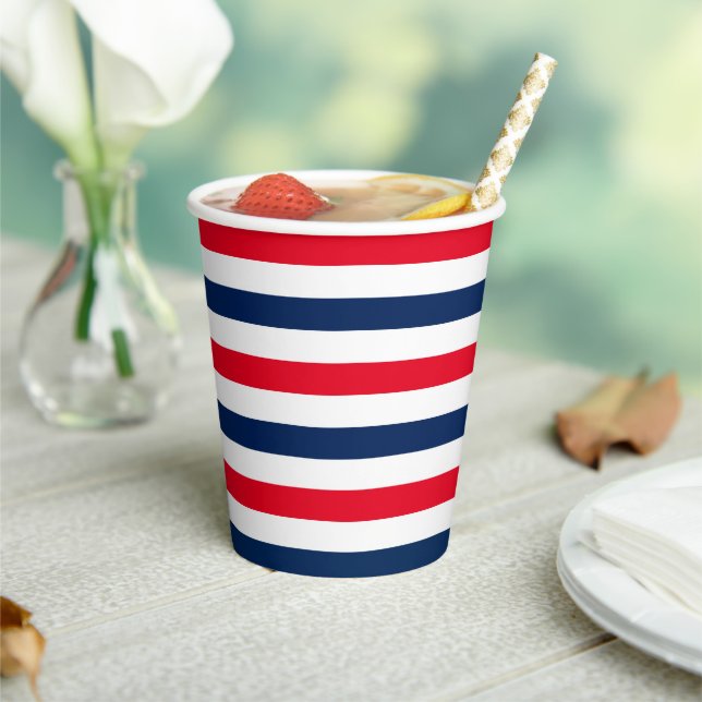Patriotic red white blue stripes pattern modern paper cups (Insitu)