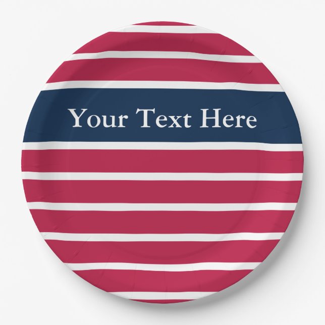 Patriotic Red White Blue Stripes Pattern Your Text Paper Plates (Front)