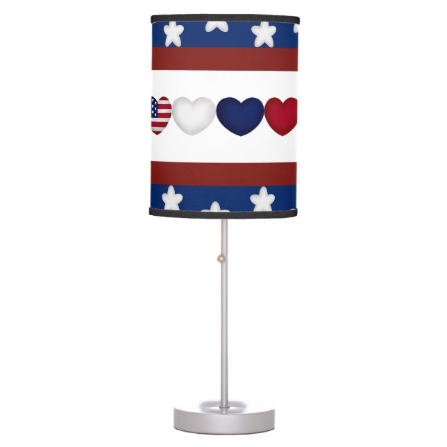 PATRIOTIC RED WHITE BLUE STRIPES STARS HEARTS TABLE LAMP (Front)