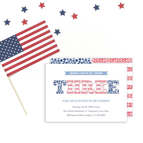 Patriotic Red White Blue Twins 3rd Birthday Party Invitation