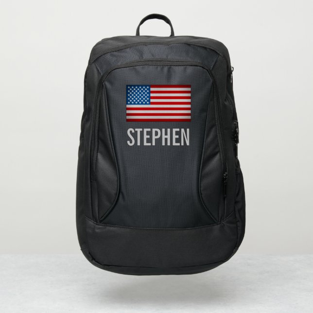 Patriotic Red White Blue US Flag with Custom Name Port Authority® Backpack (Front)