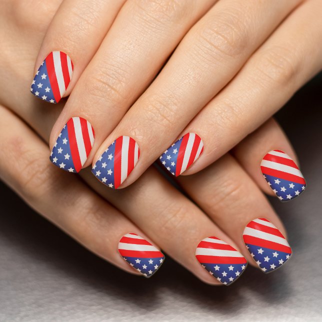 Patriotic Red White & Blue USA American Flag Minx Nail Art (diagonal USA american flag nail art)