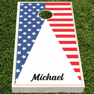 Patriotic Red White & Blue USA American Flag Name Cornhole Set