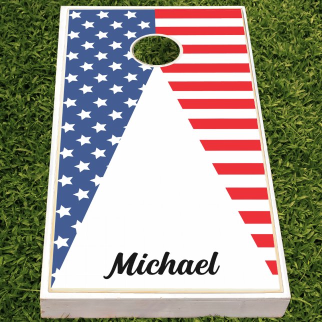 Patriotic Red White & Blue USA American Flag Name Cornhole Set (patriotic USA American flag stars and stripes cornhole set)