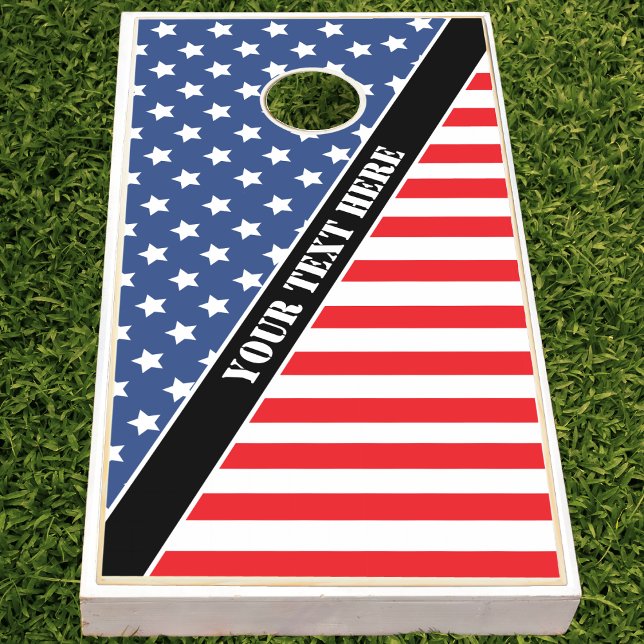 Patriotic Red White & Blue USA American Flag Text Cornhole Set (diagonal patriotic USA American flag cornhole set)