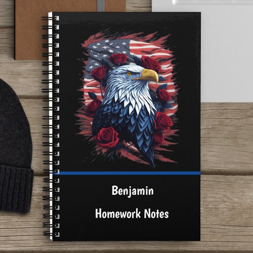Patriotic Red White Blue USA Flag Eagle and Roses Notebook