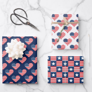 Patriotic Red, White & Blue USA Flag Patterns Wrapping Paper Sheets