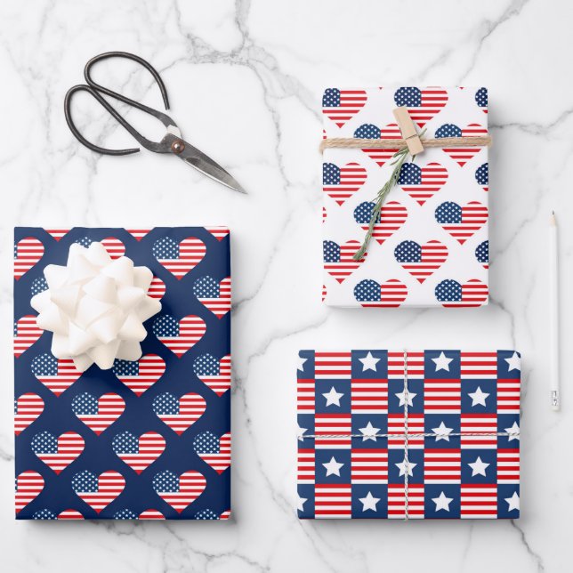 Patriotic Red, White & Blue USA Flag Patterns Wrapping Paper Sheets (Front)
