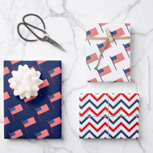 Patriotic Red, White & Blue USA Flag Patterns Wrapping Paper Sheets