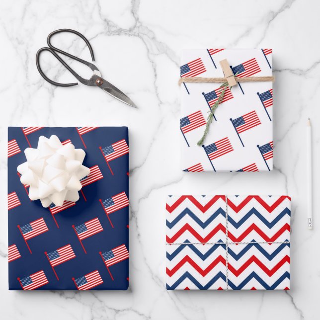 Patriotic Red, White & Blue USA Flag Patterns  Wrapping Paper Sheets (Front)