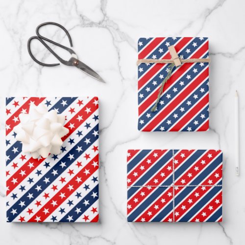 Patriotic Red White  Blue USA Flag Patterns Wrapping Paper Sheets