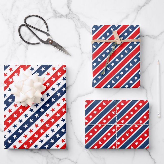 Patriotic Red, White & Blue USA Flag Patterns Wrapping Paper Sheets (Front)