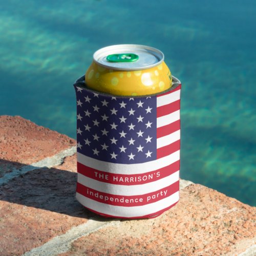 Patriotic Red White Blue USA Flag Personalized Can Cooler