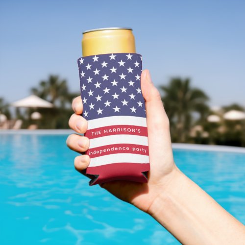 Patriotic Red White Blue USA Flag Personalized Seltzer Can Cooler