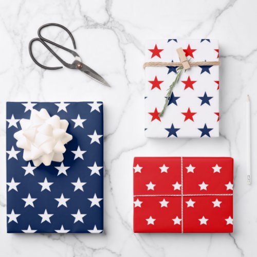 Patriotic Red, White & Blue USA Flag Stars Pattern Wrapping Paper Sheets