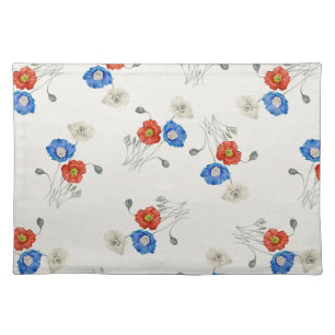 Patriotic red white & blue watercolor poppies cloth placemat