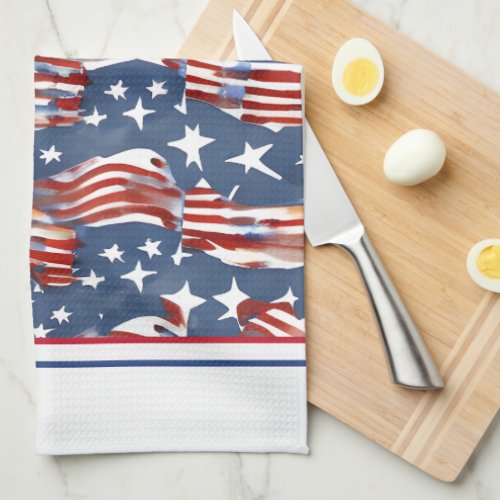 Patriotic Red White Blue Watercolor US Flag Kitchen Towel