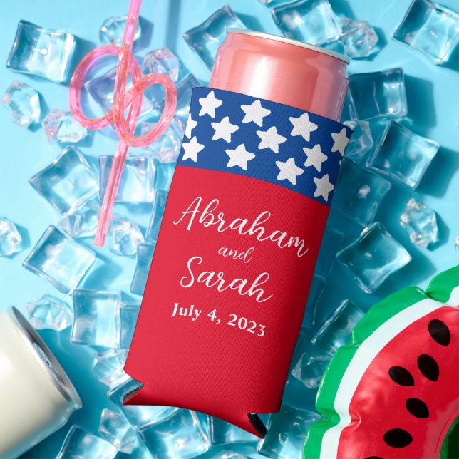 Patriotic Red, White, & Blue Wedding Favors Seltzer Can Cooler (In Situ Summer)