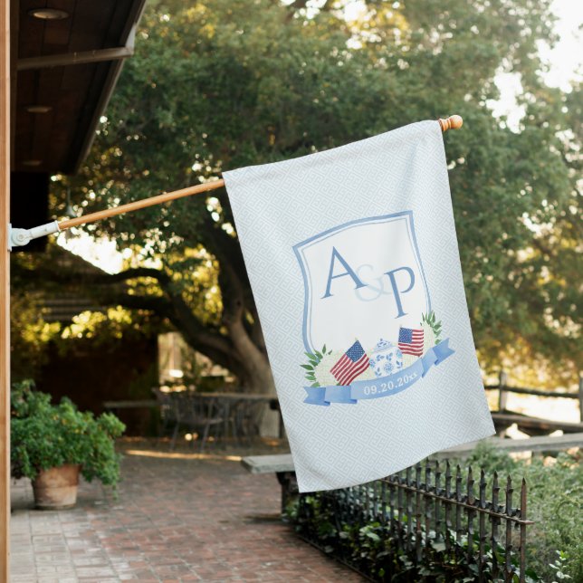 Patriotic Red White Blue Wedding Monogram House Flag (In SItu)