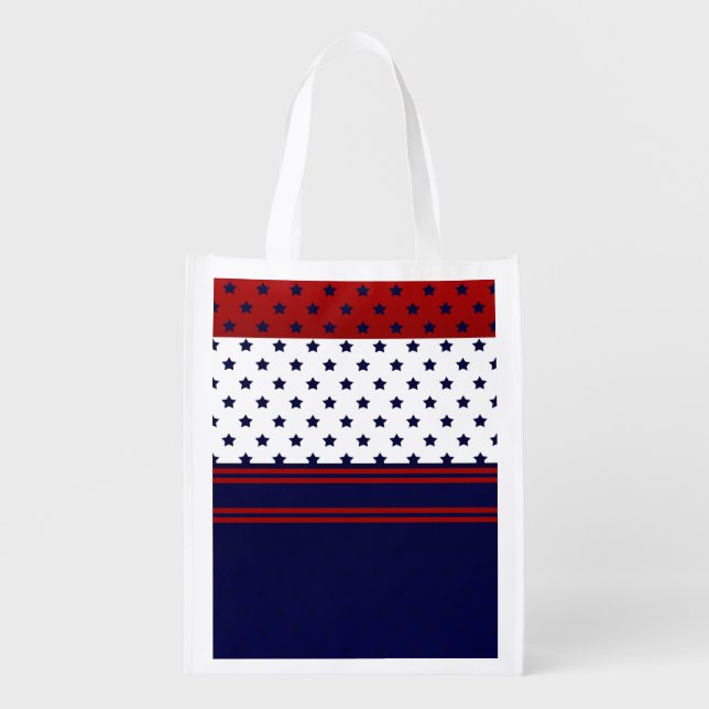Patriotic Red White & Blue with stars design Grocery Bag (Front)