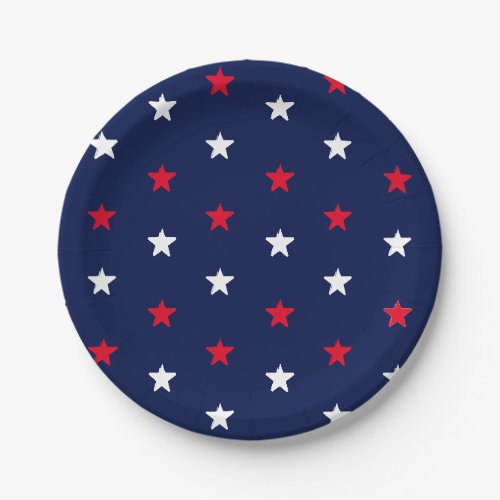Patriotic red white dark navy blue stars pattern paper plates