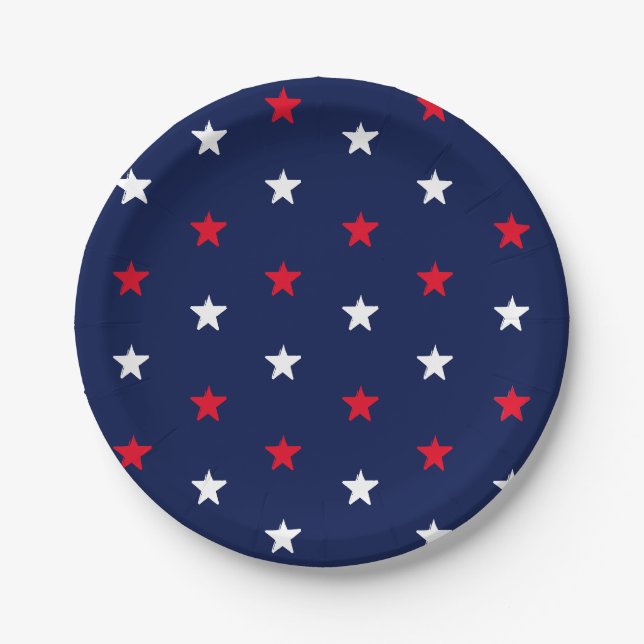 Patriotic red white dark navy blue stars pattern paper plates (Front)