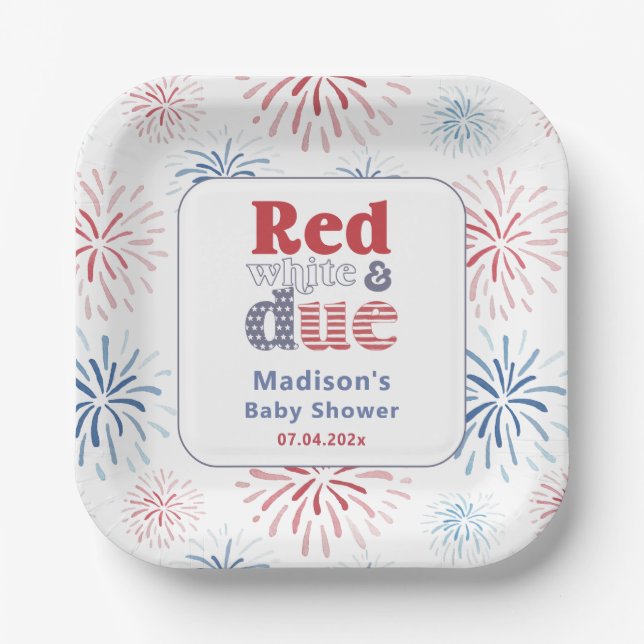 Patriotic Red White Due Baby Shower Party Paper Plates (Front)