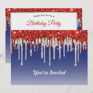 Patriotic Red White Glitter Drip Blue Birthday Invitation