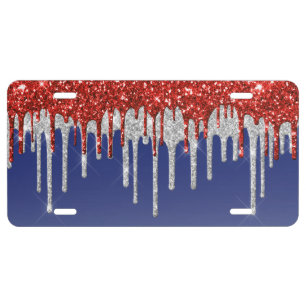Patriotic Red White Glitter Drip Blue License Plate