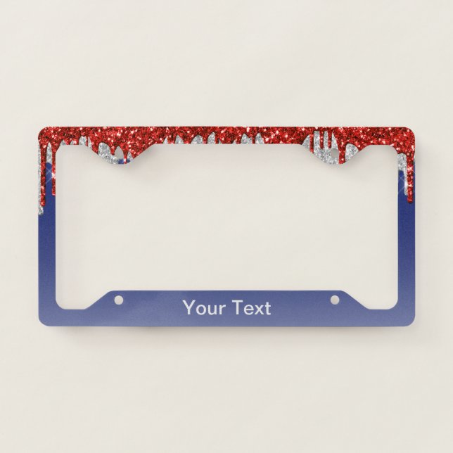Patriotic Red White Glitter Drip Blue License Plate Frame (Front)