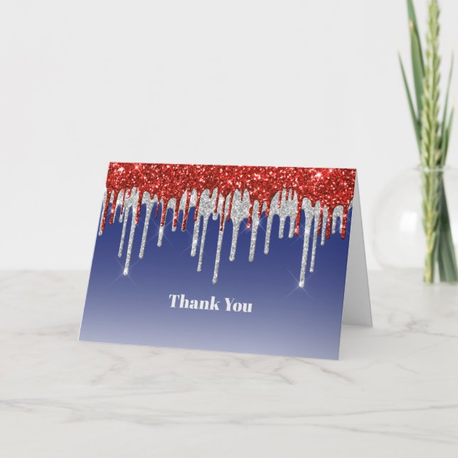 Patriotic Red White Glitter Drip Blue Thank You Card (Front)