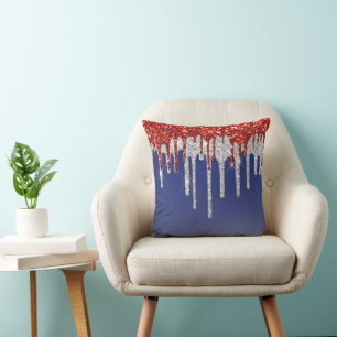 Patriotic Red White Glitter Drip Blue Throw Pillow