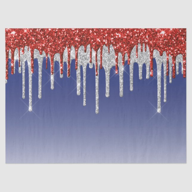 Patriotic Red White Glitter Drip Blue Tissue Paper (Front)