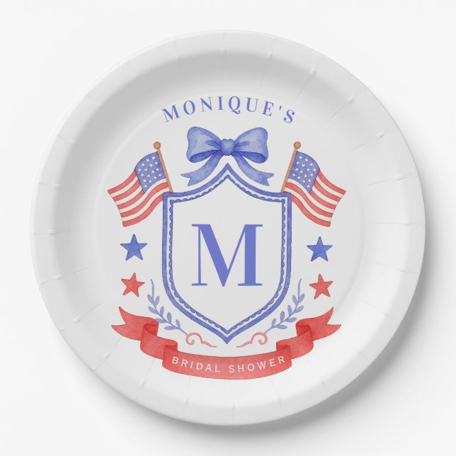 Patriotic Red White & I Do Monogram Bridal Shower Paper Plates (Front)