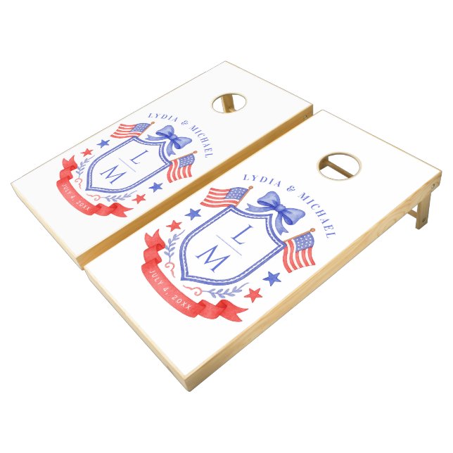 Patriotic Red White & I Do Monogram Wedding Cornhole Set (Angled)