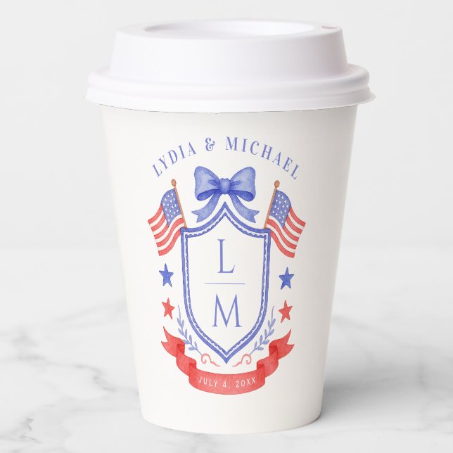 Patriotic Red White & I Do Monogram Wedding Paper Cups (Front)