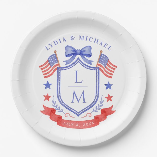 Patriotic Red White & I Do Monogram Wedding Paper Plates (Front)