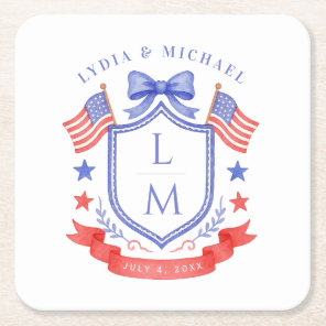 Patriotic Red White & I Do Monogram Wedding Square Paper Coaster