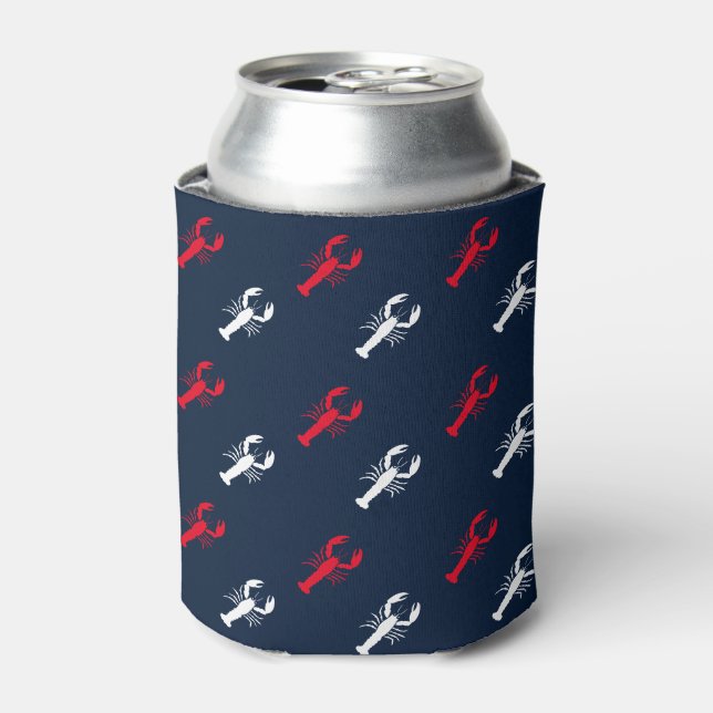 Patriotic Red white navy blue lobster pattern fun Can Cooler (Can Front)