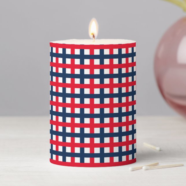 Patriotic red white navy blue plaid grid modern pillar candle (In Situ)