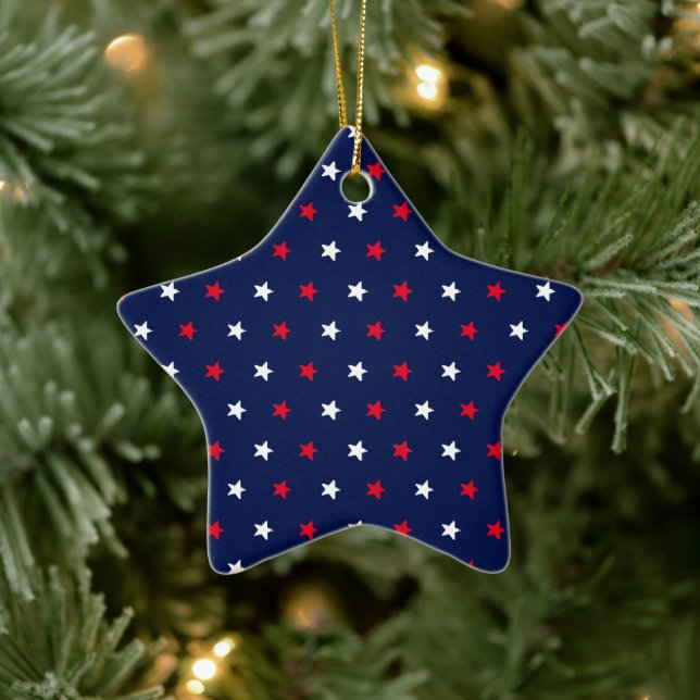 Patriotic red white navy blue stars Christmas Ceramic Ornament (Tree)