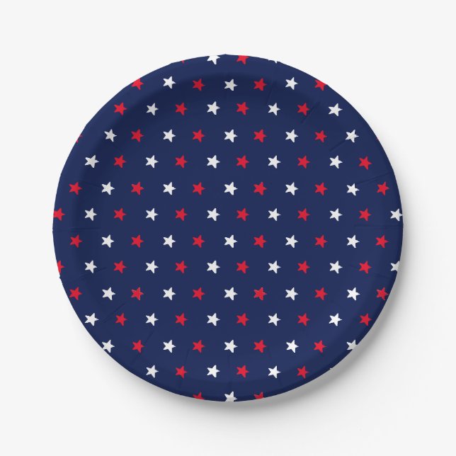 Patriotic red white navy blue stars holiday party paper plates (Front)