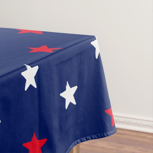 Patriotic red white navy blue stars holiday tablecloth (In Situ)