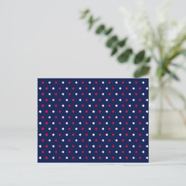 Patriotic red white navy blue stars modern holiday postcard (Standing Front)