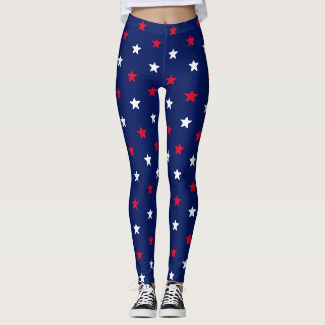 Patriotic red white & navy blue stars pattern  leggings (Front)