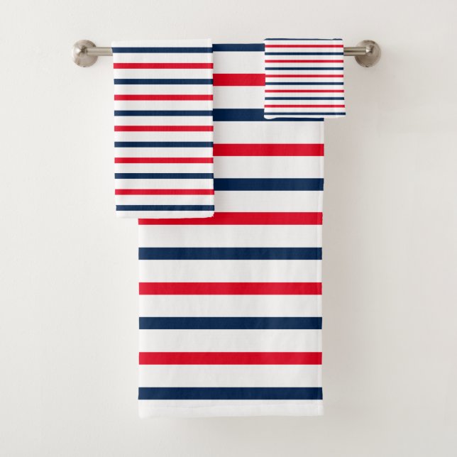 Patriotic red white navy blue stripes modern bath towel set (Insitu)