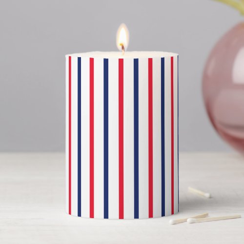 Patriotic red white navy blue vertical stripes  pillar candle