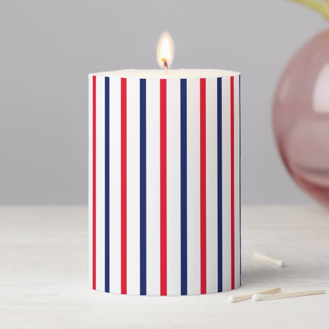 Patriotic red white navy blue vertical stripes  pillar candle (In Situ)