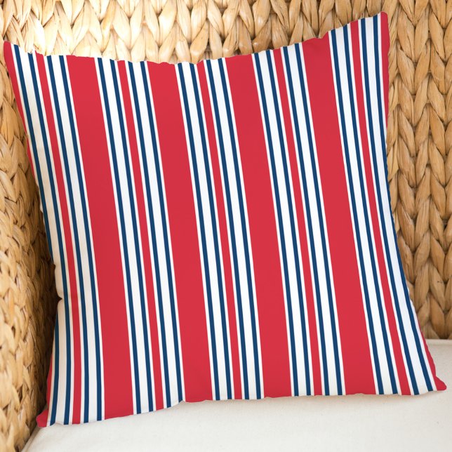 Patriotic Red White Navy Vertical Stripe Outdoor Pillow (Creator Uploaded)